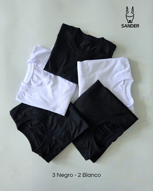 Pack 5 Camisetas (3 Negro - 2 Blanco)