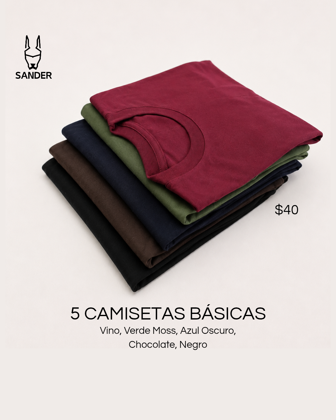 Pack 5 Camisetas (Vino, Verde, Azul, Chocolate, Negro)