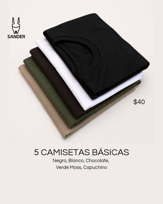 Pack 5 Camisetas (Negro, Blanco, Chocolate, Verde, Capuchino)