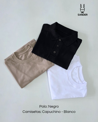 Pack Polo Negro + 2 Camisetas